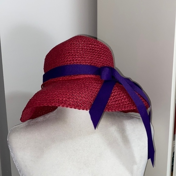Red Hat Society Casual Straw Hat Purple Ribbon Summer Floppy Relaxed Bohemian - Picture 6 of 13